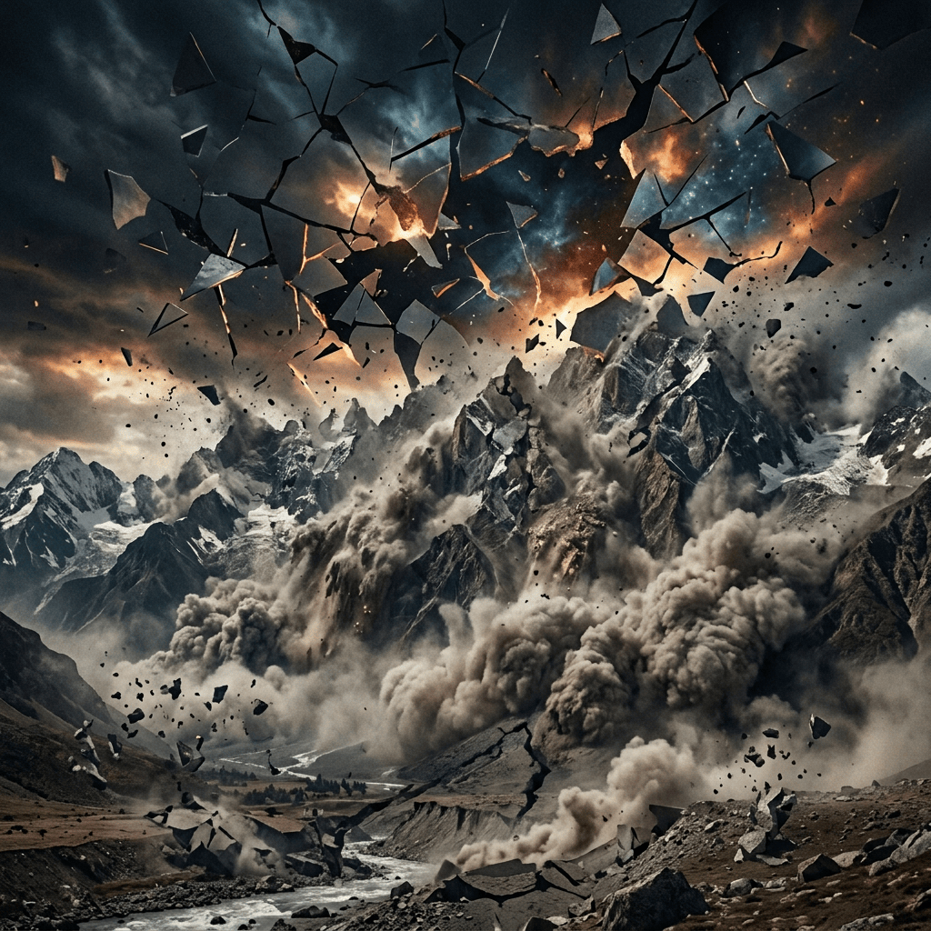 Snowy mountains erupt beneath storm clouds and a fractured, glowing sky